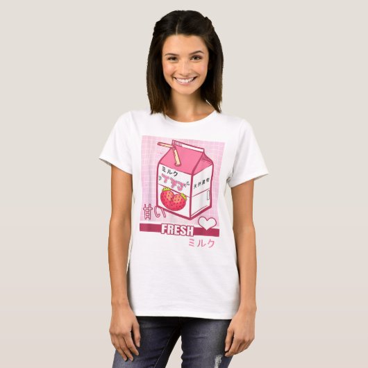 Kawaii Strawberry Milk Carton Design T-shirt (Voorkant volledig)
