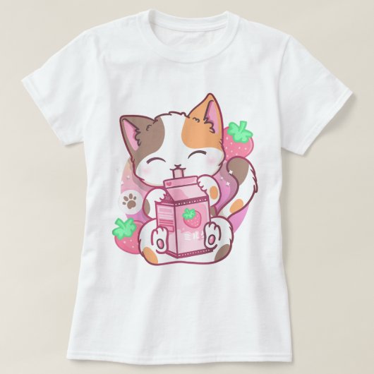 Kawaii Strawberry Milk Cat Design T-shirt (Design voorkant)