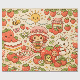 Kawaii Strawberry Picnic Wrapping Paper Cadeaupapier
