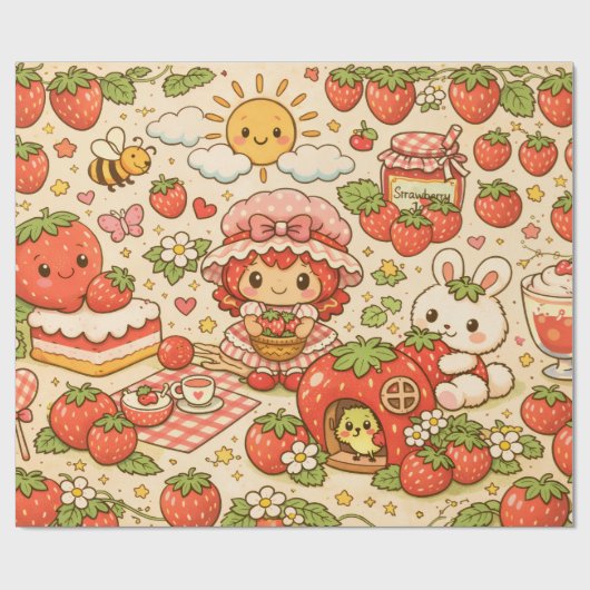 Kawaii Strawberry Picnic Wrapping Paper Cadeaupapier (Vlak)