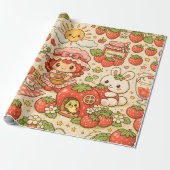Kawaii Strawberry Picnic Wrapping Paper Cadeaupapier (Uitgerold)
