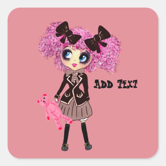 Kawaii Student Girl met PinkyP Vierkante Sticker (Voorkant)