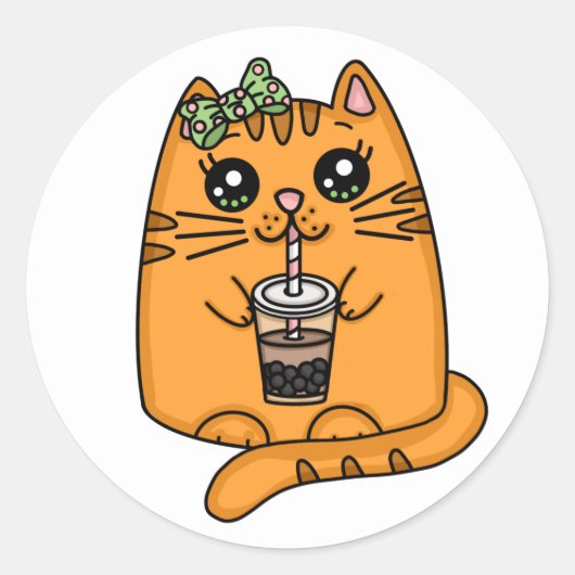 Kawaii Style Kitty Cat met bellenthee Ronde Sticker (Voorkant)