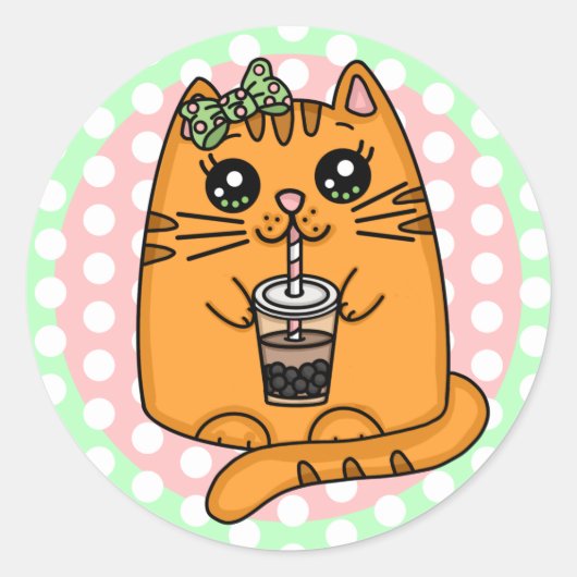 Kawaii Style Kitty Cat met bellenthee Ronde Sticker (Voorkant)