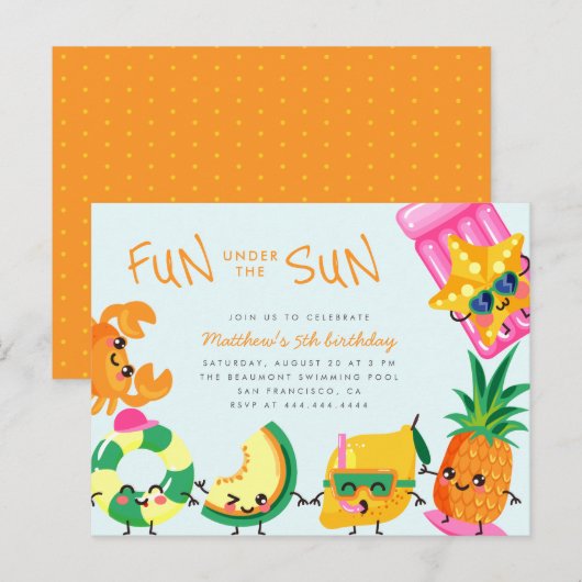 Kawaii Summer Fun under the Sun Kids Birthday Uitnodiging Briefkaart (Voorkant / Achterkant)