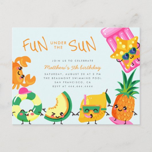 Kawaii Summer Fun under the Sun Kids Birthday Uitnodiging Briefkaart (Voorkant)