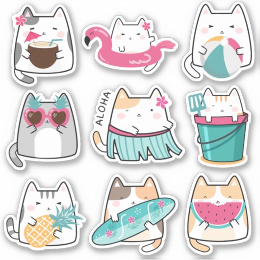 Kawaii Summer Hawaii Kat Vinyl Stickers (Voorkant)