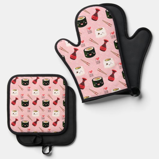 Kawaii Sushi Pattern Light Roze Ovenwant & Pannenlap Set (Voorkant / Achterkant)