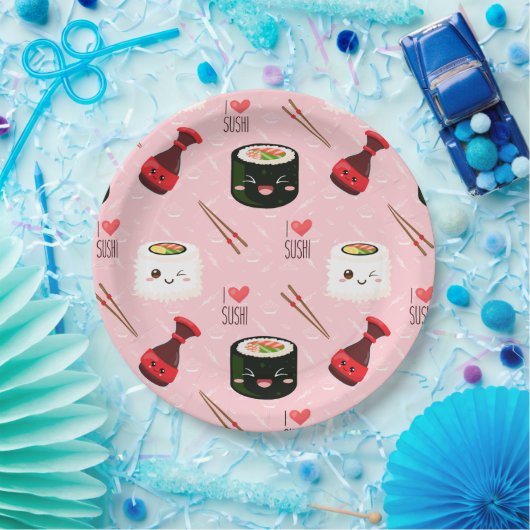 Kawaii Sushi Pattern Light Roze Papieren Bordje (Feest)
