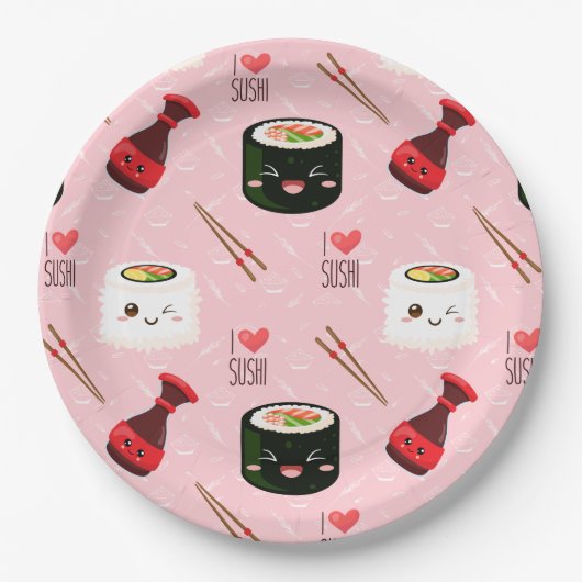 Kawaii Sushi Pattern Light Roze Papieren Bordje (Voorkant)