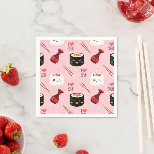 Kawaii Sushi Pattern Light Roze Servet (Insitu)