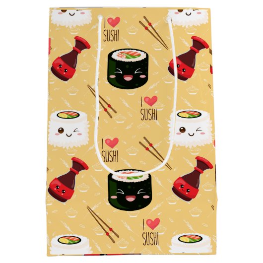 Kawaii Sushi Pattern Light Yellow Medium Cadeauzakje (Achterkant)