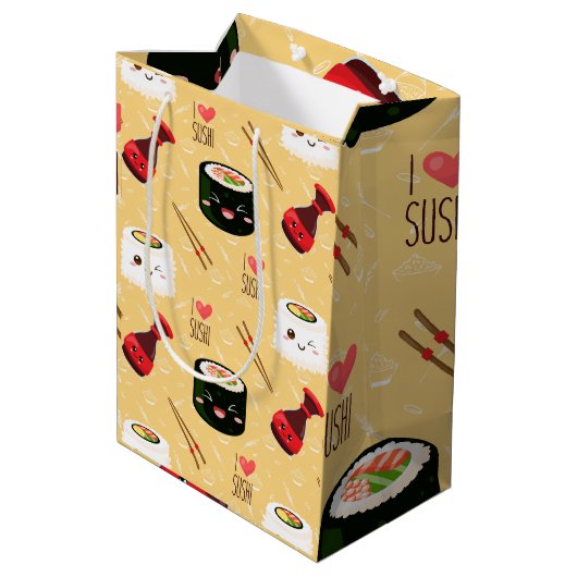 Kawaii Sushi Pattern Light Yellow Medium Cadeauzakje (Achterkant Gekanteld)
