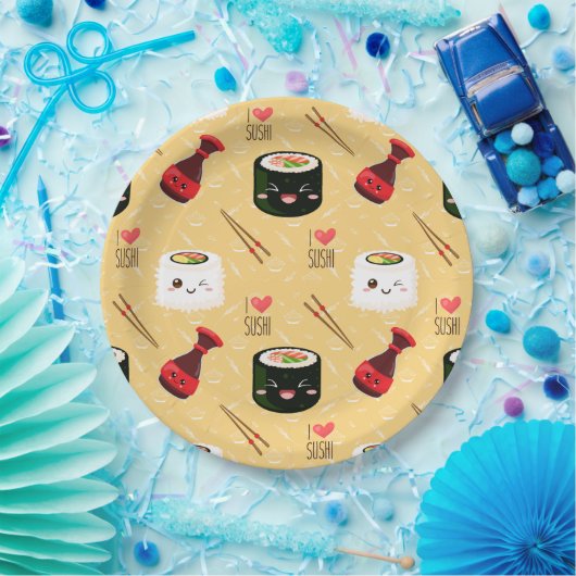 Kawaii Sushi Pattern Light Yellow Papieren Bordje (Feest)