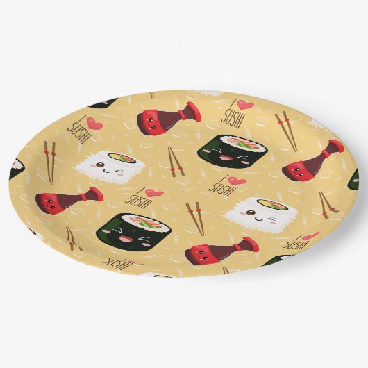 Kawaii Sushi Pattern Light Yellow Papieren Bordje (Gekanteld)
