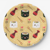 Kawaii Sushi Pattern Light Yellow Papieren Bordje (Voorkant)