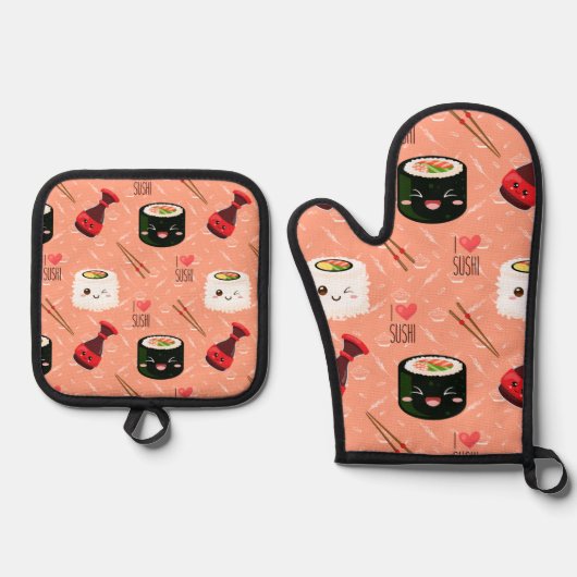 Kawaii Sushi Pattern Ovenwant & Pannenlap Set (Voorkant)