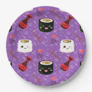 Kawaii Sushi Pattern Paars Papieren Bordje