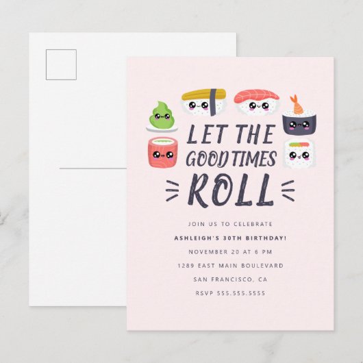 Kawaii Sushi Rolls Birthday Party Uitnodiging Briefkaart (Voorkant / Achterkant)