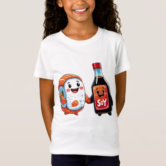 Kawaii Sushi & Sojasaus T-shirt – Schattige Happy (Voorkant)