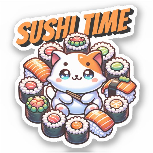 Kawaii Sushi Time Cat Sticker (Voorkant)