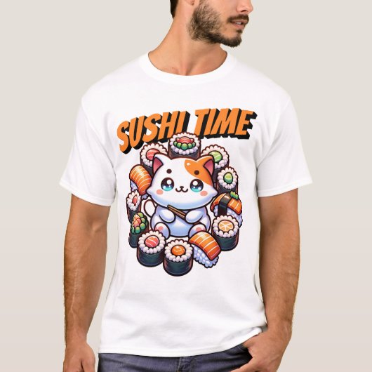 Kawaii Sushi Time Cat T-shirt (Voorkant)