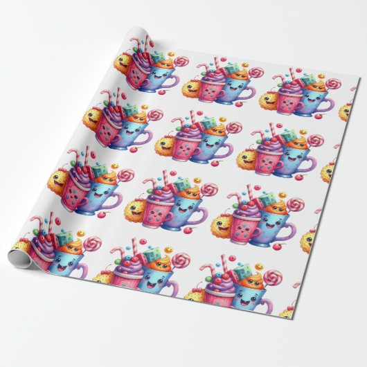 Kawaii Sweets & Coffee Cups Cute  Wrapping paper Cadeaupapier (Uitgerold)