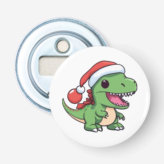 Kawaii T-Rex Dinosaur in Kerstmuts Button Flesopener (Voorkant)