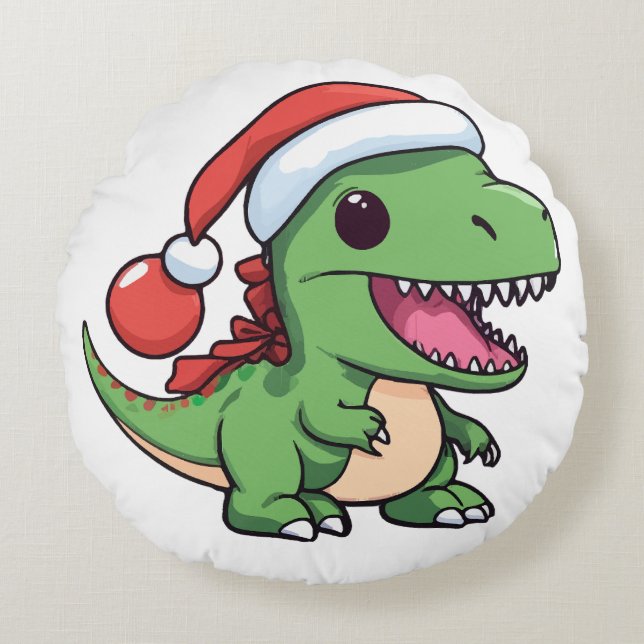 Kawaii T-Rex Dinosaur in Kerstmuts Rond Kussen (Voorkant)