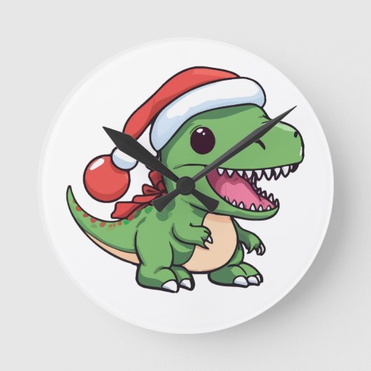 Kawaii T-Rex Dinosaur in Kerstmuts Ronde Klok (Voorkant)