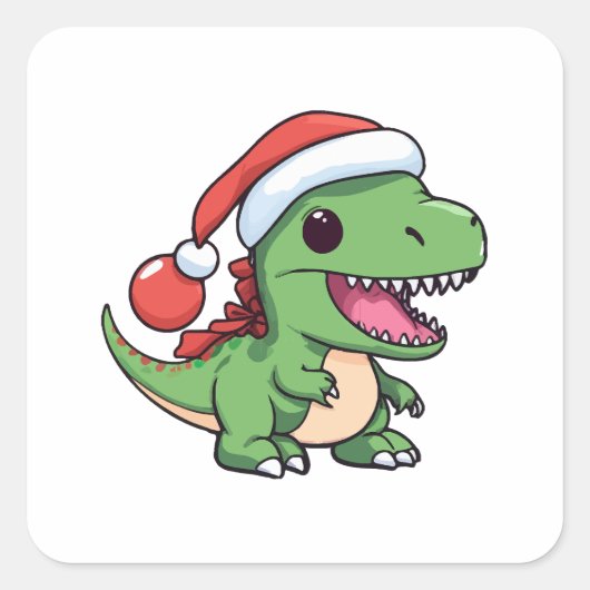 Kawaii T-Rex Dinosaurus in Kerst Pet Vierkante Sticker (Voorkant)