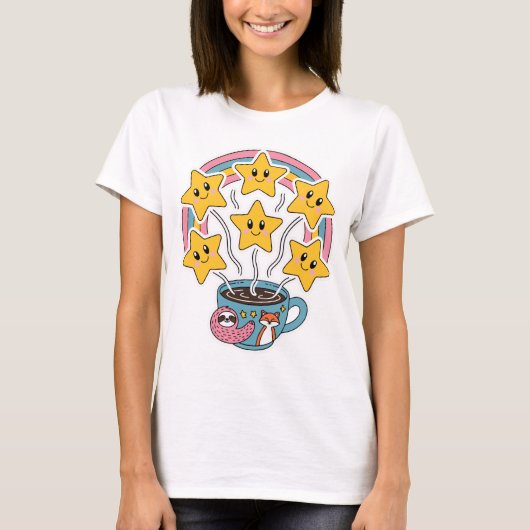 Kawaii T-Shirt - Schattigee regenboogbeker met ste (Voorkant)