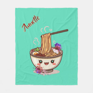 Kawaii Teal Ramen Voedsel Kom met Japanse Bloemen Fleece Deken