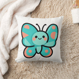 Kawaii Teal Vlinder Gelukkig Gezicht Cartoon Kunst Kussen