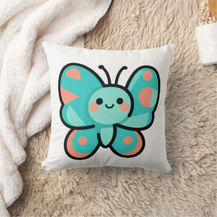 Kawaii Teal Vlinder Gelukkig Gezicht Cartoon Kunst Kussen
