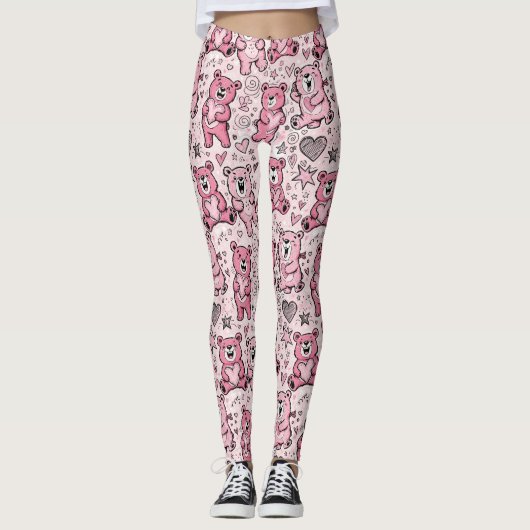 Kawaii Teddibeer Roze Patroon Leggings (Voorkant)