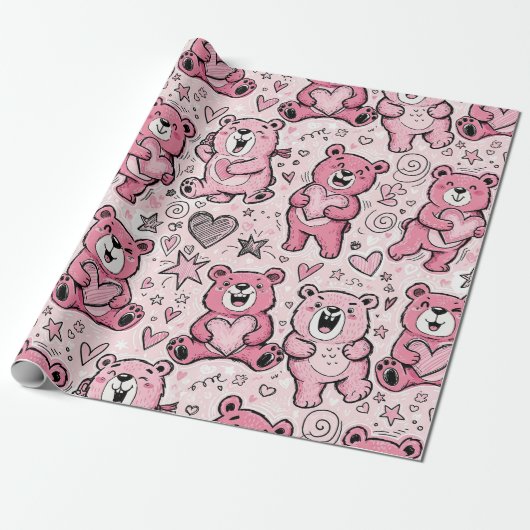 Kawaii Teddybeer Roze Patroon Cadeaupapier (Uitgerold)