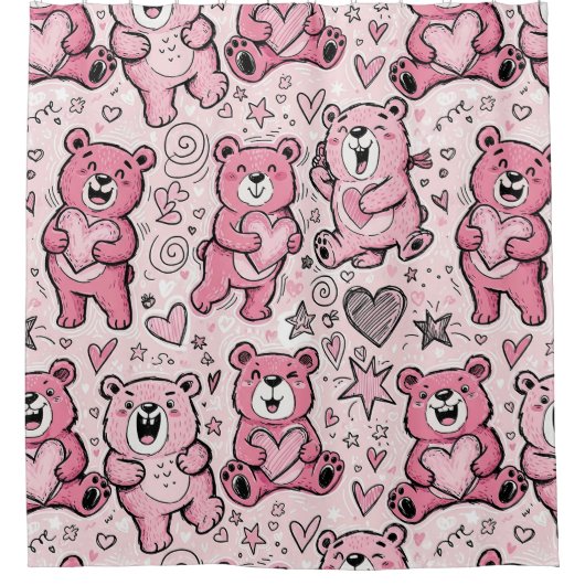 Kawaii Teddybeer Roze Patroon Douchegordijn (Voorkant)