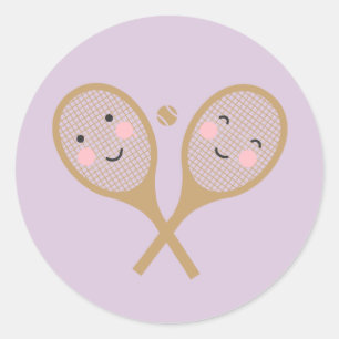 Kawaii Tennis Rackets Happy Face Cute Lavender Ronde Sticker
