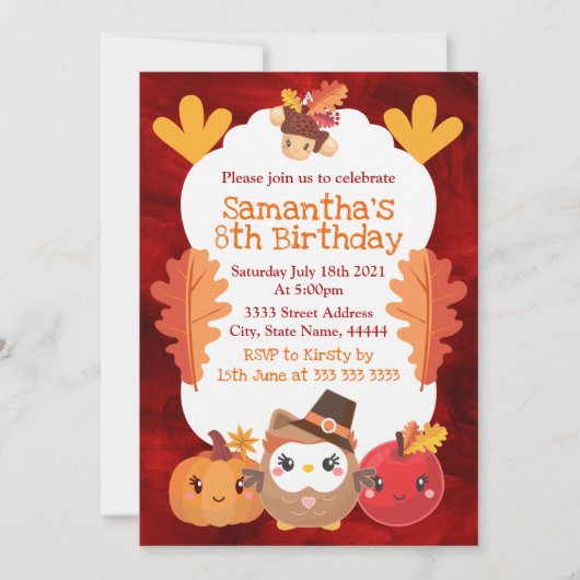 Kawaii Thanksgiving Owl Pumpkin Apple Birthday Kaart (Voorkant)