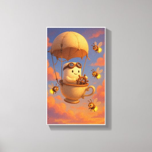 Kawaii-thee Kopje Ballon Muur Kunst met Bijen Canvas Afdruk (Voorkant)