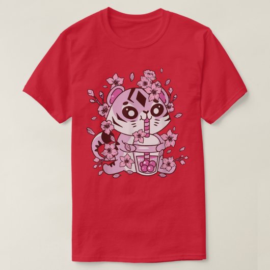 Kawaii Tiger met Bubble Tea en Boba tea en Saku T-shirt (Design voorkant)