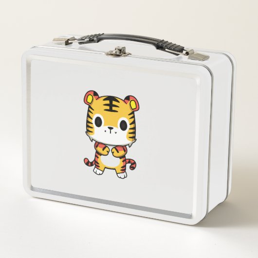 Kawaii Tiger White Metal Lunchbox (Voorkant)