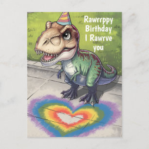 Kawaii trex regenboog hart op stoep briefkaart