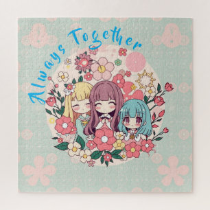 Kawaii Trio - Schattigee Anime Girls & Floral Vibe Legpuzzel