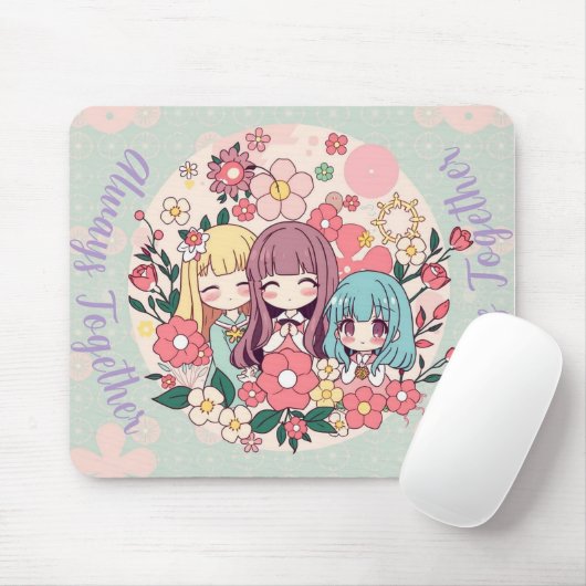Kawaii Trio - Schattigee Anime Girls & Floral Vibe Muismat (Met muis)