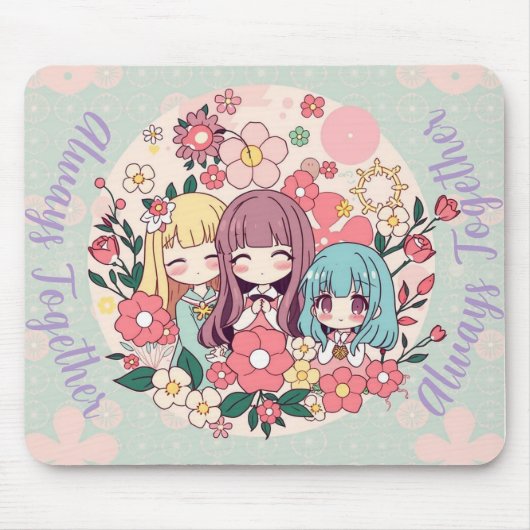 Kawaii Trio - Schattigee Anime Girls & Floral Vibe Muismat (Voorkant)