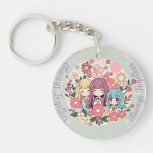 Kawaii Trio - Schattigee Anime Girls & Floral Vibe Sleutelhanger