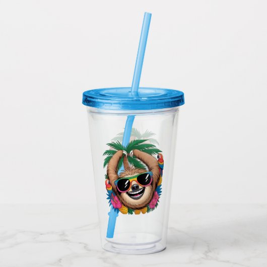 Kawaii Tropical Sloth – Cute Summer Vibes Rainbow Acryl Drinkbeker (Achterkant)