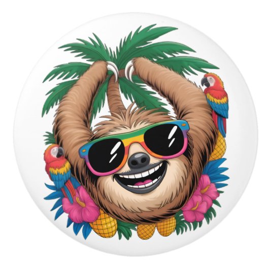 Kawaii Tropical Sloth – Cute Summer Vibes Rainbow  Keramische Knop (Voorkant)